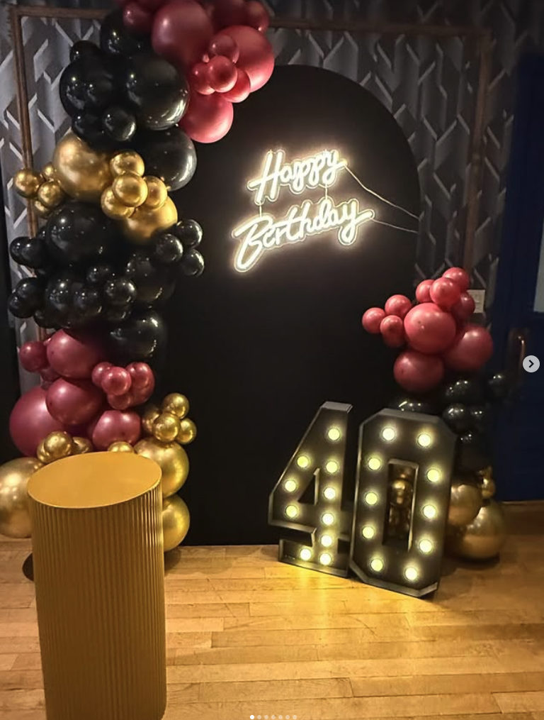 Black gold and burgundy birthday balloon backdrop