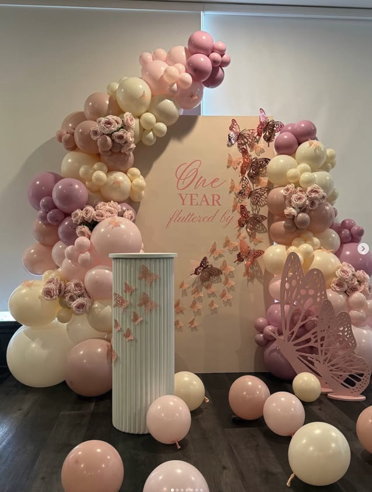 Butterfly first birthday balloon backdrop