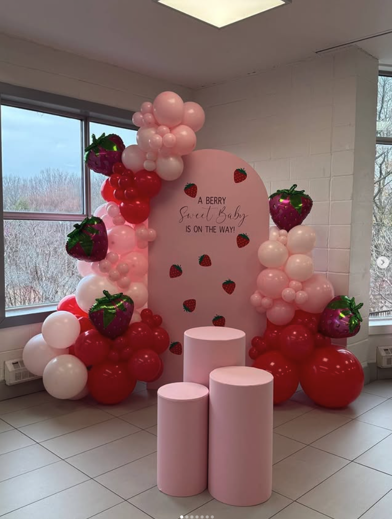 Strawberry themed baby shower backdrop